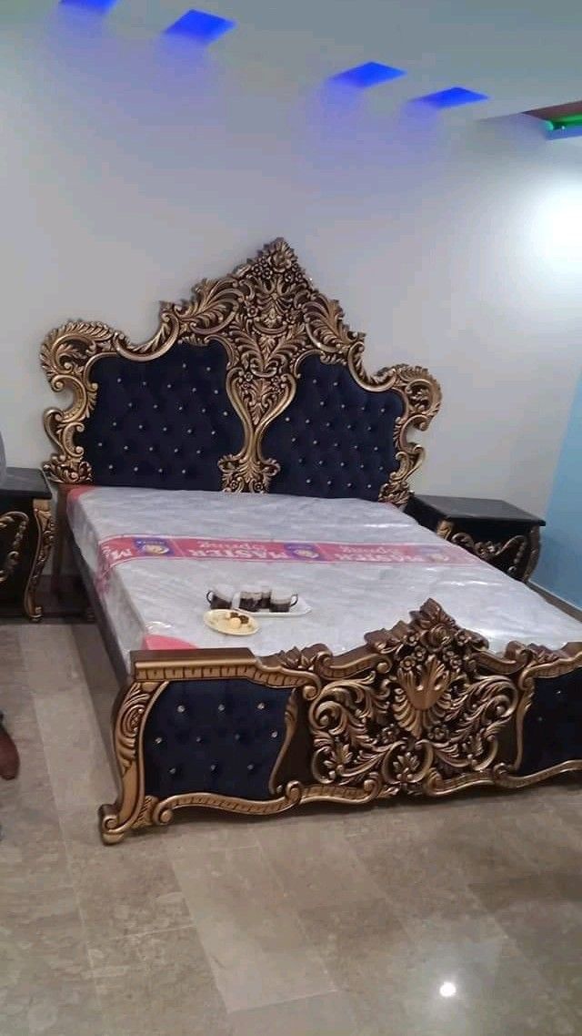 Premium Maharaja Royal Crown Bed Set | Luxury Navy Blue Velvet Tufted Cushioning & Rich Antique Gold Bridal Furniture
