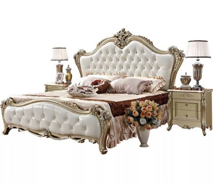 Premium Off-White & Gold Baroque Bed Set | Luxury Master Bedroom Custom Wooden Furniture