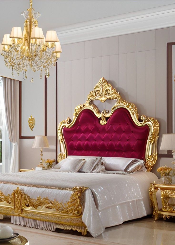 Italian Luxury Bright Gold Leaf Bed Set | Premium Magenta Velvet Tufted Royal Bridal Bedroom Furniture