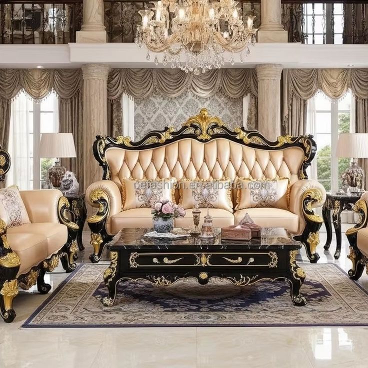 Complete Tufted Leatherette Sofa Set | Luxury Gold Leaf Villa Furniture with Black Coffee Table
