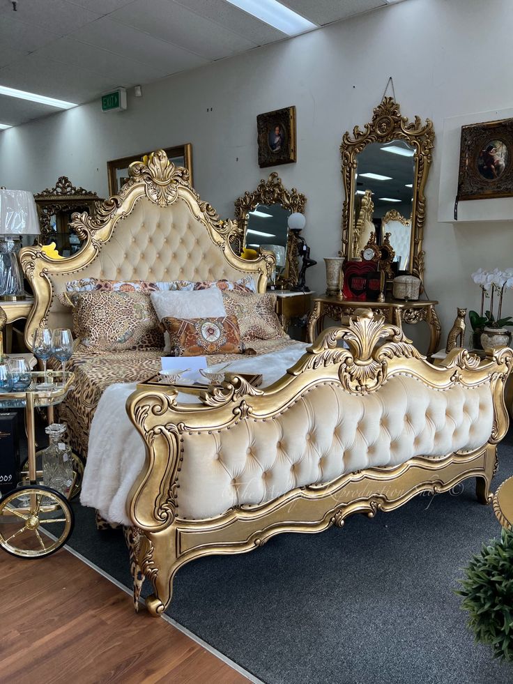 Premium French Baroque Antique Gold Master Bed Set – Crown Rococo Ornate Carving with Royal Cream Tufted Velvet
