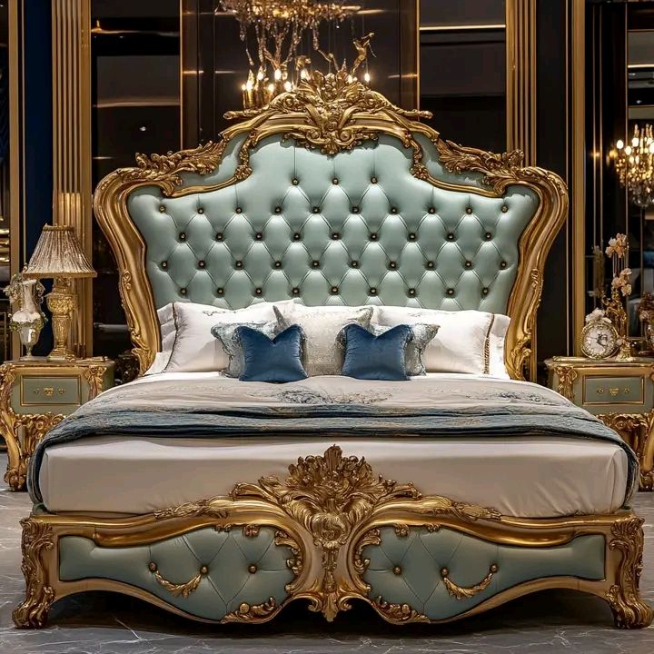 Premium Gold Leaf High-Back Crown Bed Set | Luxury Tufted Master Bedroom Furniture