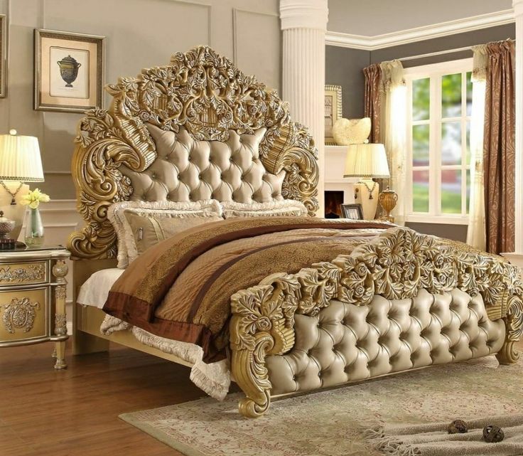 Luxury Ornate King Poster Bed Gold Solid Wood Leather Old World Baroque Rococo