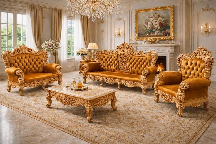 Complete Tufted Gold Velvet Sofa Set | Luxury Gold Leaf Wedding Furniture with Carved Coffee Table