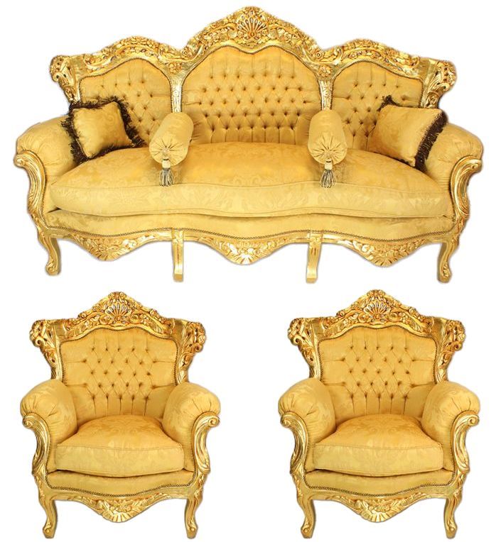 Complete High-Crown Jamawar Sofa Set | Luxury Gold Leaf Wedding Furniture with Tables