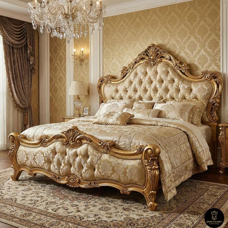 Complete Luxury Crown Bed Set | Antique Champagne Gold Tufted Wedding Furniture