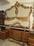 Classic Golden Crown Maharaja Bed Set | Elegant Off-White Tufted Panels &amp; Rich Teak Polish Bridal Furniture