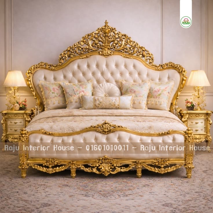 Premium Italian-Style Royal Tufted Bed Set | Luxury Gold Leafing &amp; White Tufted Upholstery Bridal Furniture