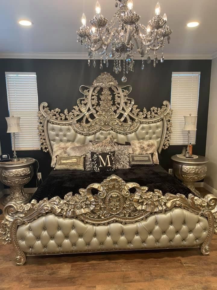 Luxury Silver Leafing Maharaja Poster Bed Set | Premium Champagne Silver Finish &amp; Tufted Leatherette Bridal Furniture