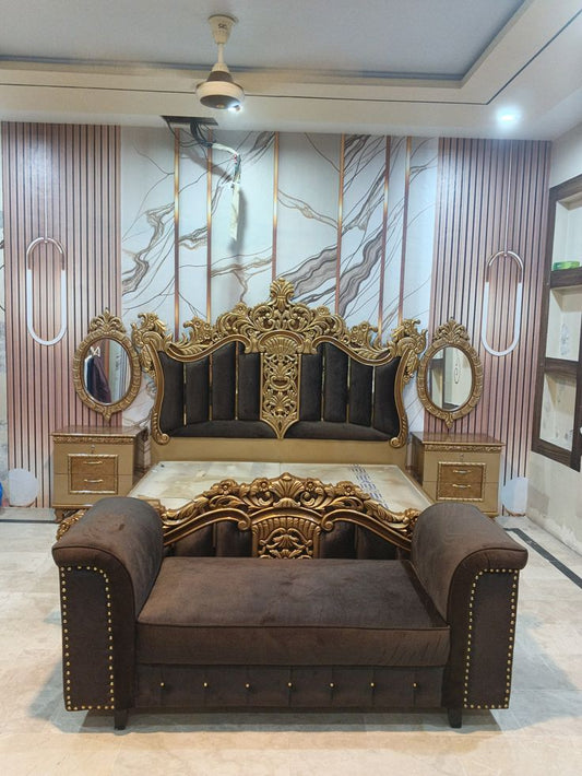 Italian-Style Curved Royal Crown Bed Set | Premium Gold Leafing &amp; White Tufted Cushion Bridal Furniture