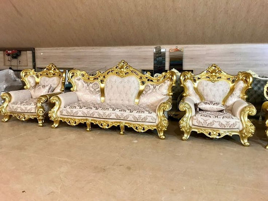 Premium Gold Leaf Victorian Crown Sofa Set | Heavy Tufted Designer Lounge Furniture