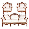 Complete Antique Walnut Finish Drawing Room Set | Luxury Tufted Leather Wedding Furniture