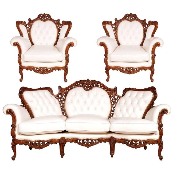 Complete Antique Walnut Finish Drawing Room Set | Luxury Tufted Leather Wedding Furniture