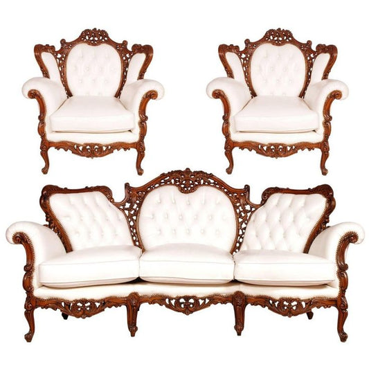 Complete Antique Walnut Finish Drawing Room Set | Luxury Tufted Leather Wedding Furniture