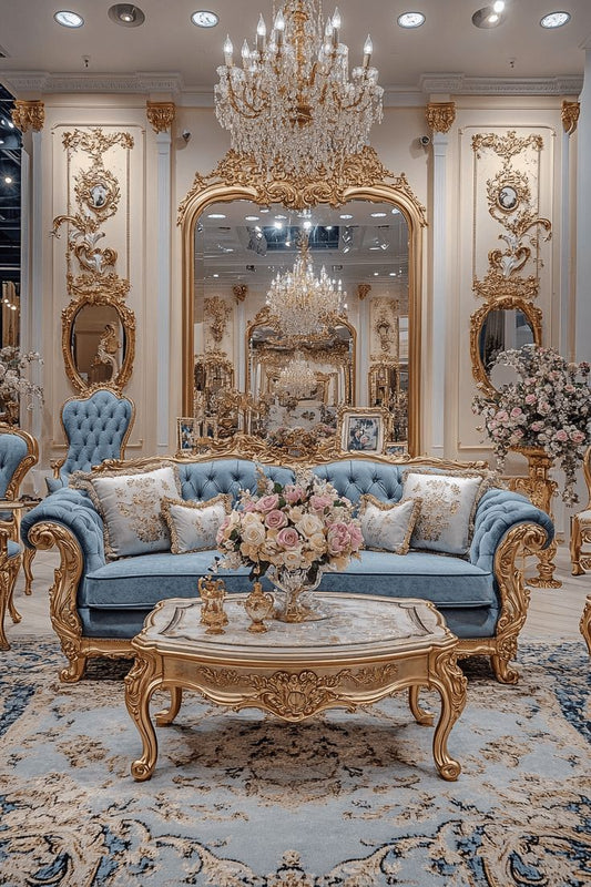Complete Tufted White Sofa Set | Luxury Gold Leaf Accent Wedding Furniture with Coffee Table