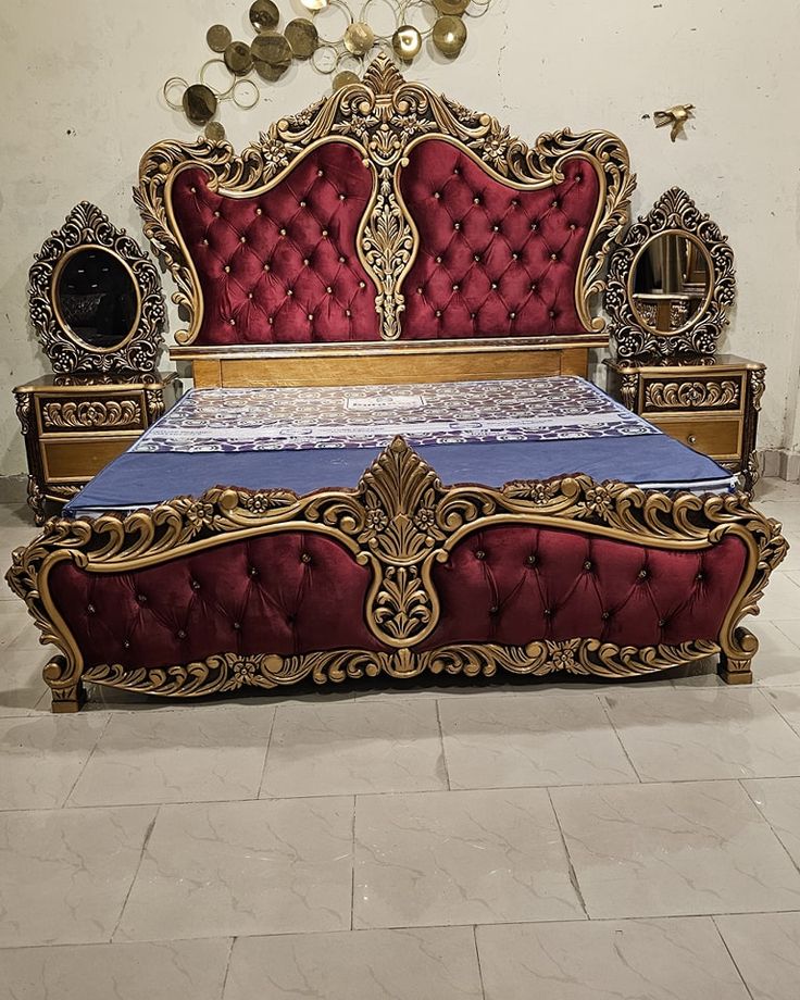 Luxury Maroon Velvet &amp; Antique Gold Carved Bed Set | Premium Royal Bridal Bedroom Furniture