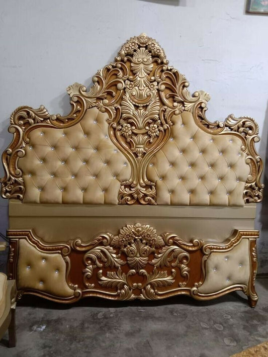 Imperial Antique Gold Carved Bed Set – High-Back Tufted Cushioning with Matching Sleigh Footboard &amp; Royal Crown Detailing