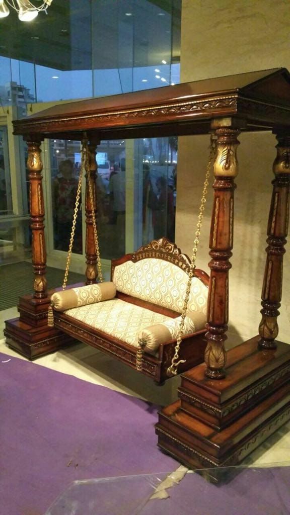 Premium Traditional Canopy Royal Jhula – Solid Wooden Indoor Swing with Golden Carved Pillars and Luxury Cushion Seating
