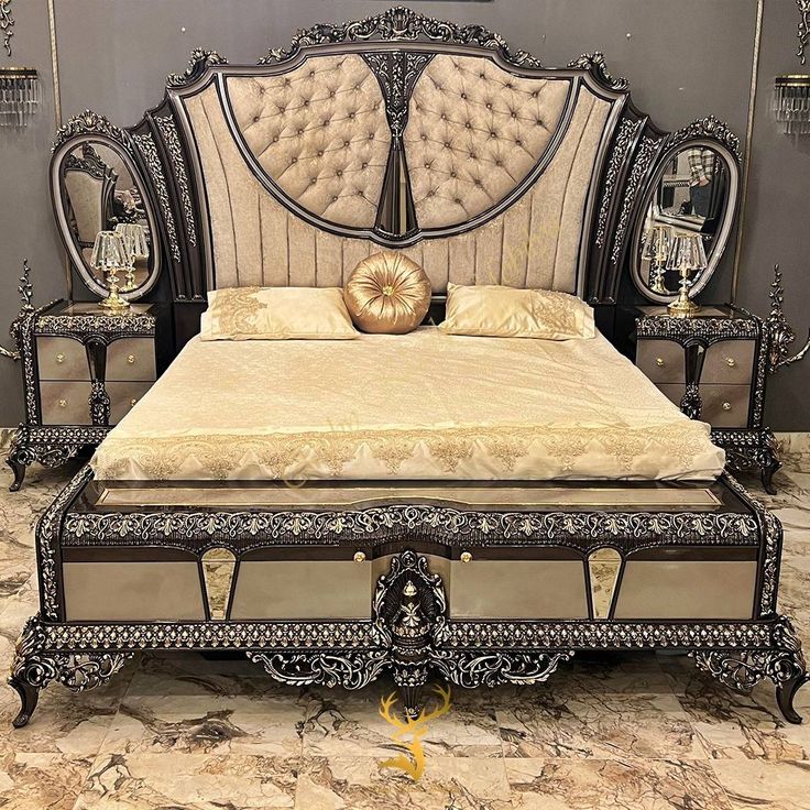 Italian Luxury Dark Walnut &amp; Silver Leaf Bed Set | Premium Tufted Cushioning Royal Bridal Bedroom Furniture