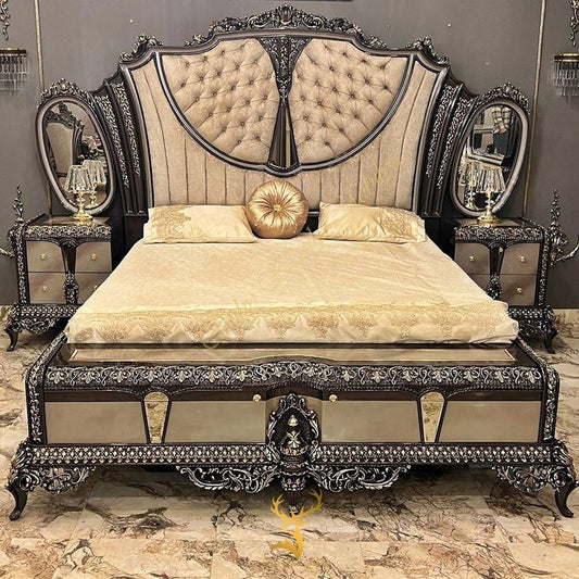 Italian Luxury Dark Walnut &amp; Silver Leaf Bed Set | Premium Tufted Cushioning Royal Bridal Bedroom Furniture
