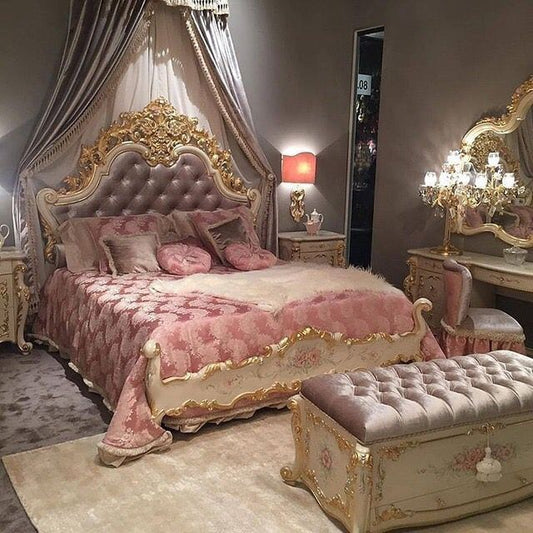 Royal Antique Gold Imperial Bed Set – Luxury Off-White Tufted Cushioning with Matching Carved Vanity Dressing Table &amp; Side Suite