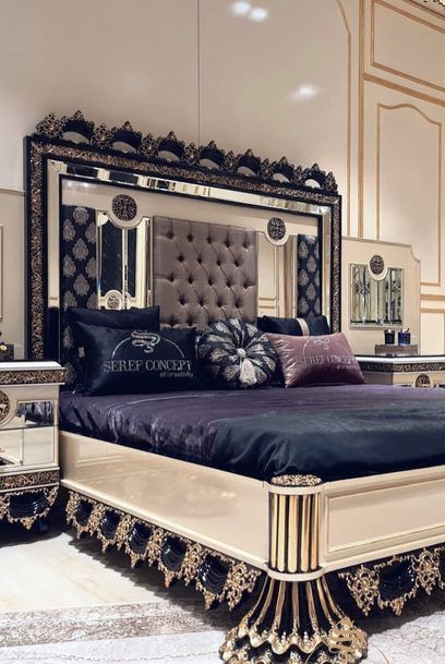 Premium Modern-Classical Black &amp; Gold Luxury Bed Set – Ultra-Modern Floating Panel Headboard with Intricate Victorian Carved Base