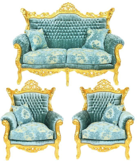 Complete High-Back Tufted Sofa Set | Luxury Gold Leaf Wedding Furniture with Tables