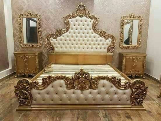 Premium Crown Baroque Royal Gold Bed Set – Luxury Off-White Tufted Cushioning &amp; Grand Arch Dressing Mirror Suite