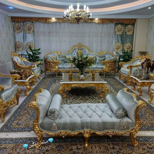 Premium Maharaja Crown Royal Sofa Set – Deep Antique Gold Hand-Carved Framework with Luxury Tufted Velvet Upholstery