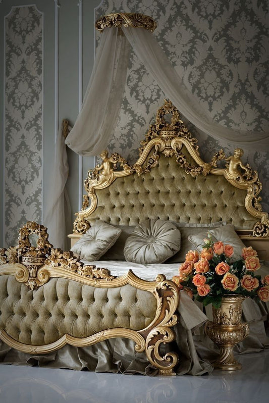 Premium Modern Grey Luxury Bed Set – Sleek Rose Gold Geometric Inlays with Velvet Panel Tufting &amp; High-Gloss Side Suites