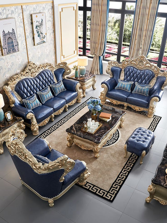 Premium Royal 7-Seater Antique Living Room Sofa Set – Heavy Crown Hand-Carved Gold Framework with Luxury White Button Tufted Leatherette