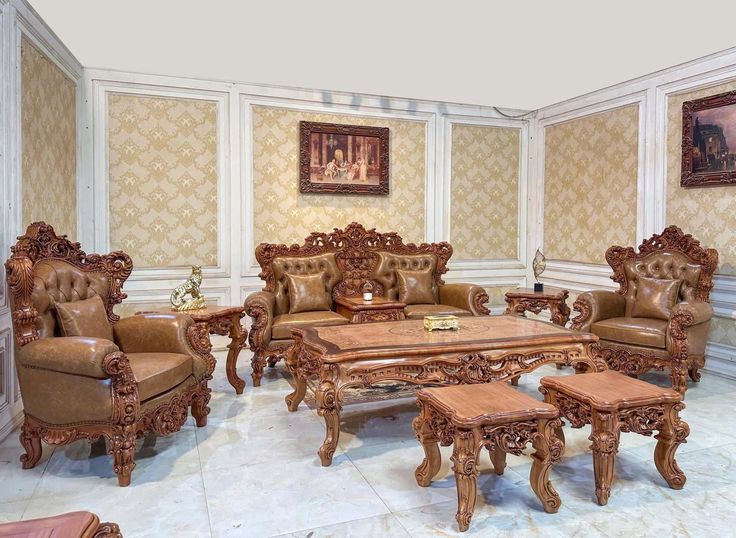 Premium Tan Leatherette Wooden Sofa Set | Full Luxury Drawing Room Set with 3 Tables &amp; 2 Puffies