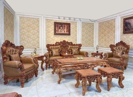 Premium Tan Leatherette Wooden Sofa Set | Full Luxury Drawing Room Set with 3 Tables &amp; 2 Puffies