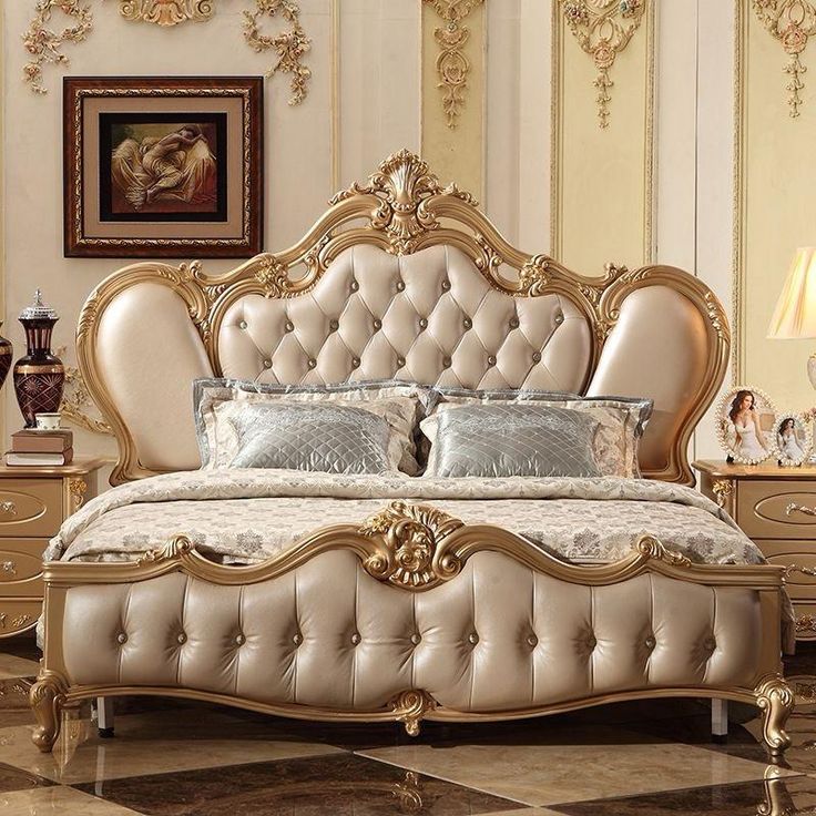 Premium Antique Champagne Gold Bed Set | Luxury Master Bedroom Custom Wooden Furniture