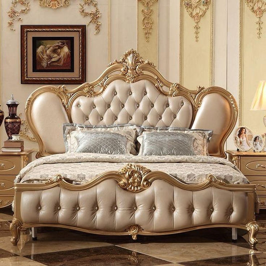 Premium Antique Champagne Gold Bed Set | Luxury Master Bedroom Custom Wooden Furniture