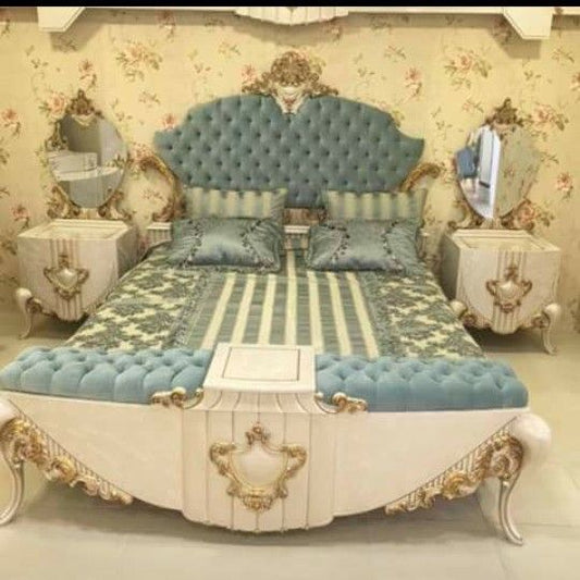 Premium Pastel Victorian Bed Set | Luxury Ice-Blue Tufted Cushioning &amp; Antique Gold Highlighted Bridal Furniture