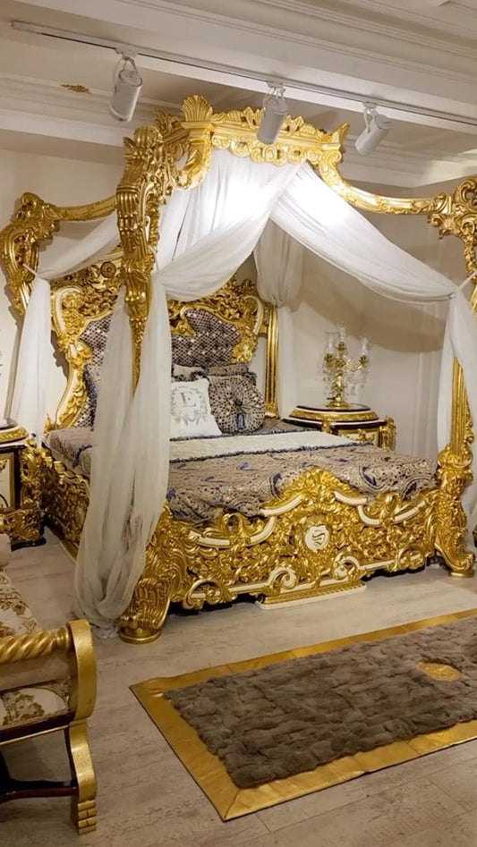 Ultra-Luxury Royal Canopy Poster Bed Set | Premium Gold Leafing Heavy Carved Maharaja Bridal Furniture
