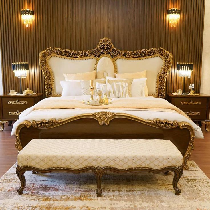 Premium Champagne Gold Royal Bed Set – Elegant Off-White Leatherette Headboard with Matching Luxury Foot Bench Suite