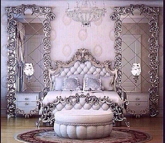 Imperial Antique Gold Master Bed Set – Crown Baroque High Headboard with Luxury Off-White &amp; Beige Dual-Tone Tufting