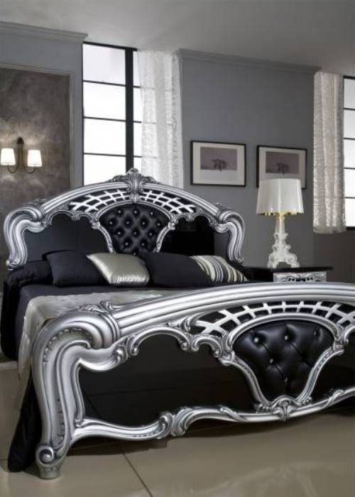 Premium Antique Silver &amp; Jet Black Royal Bed Set – Neo-Classical Tufted Leatherette Cushioning with Elegant Lattice Frame Accents