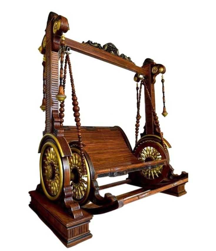Premium Hand-Carved Chinioti Royal Jhula – Antique Wooden Indoor Swing with Traditional Wheel Accents and Brass Details