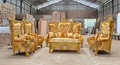 Complete High-Crown Gold Velvet Sofa Set | Luxury Wedding Furniture with Carved Coffee Table