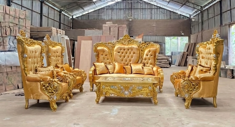 Complete High-Crown Gold Velvet Sofa Set | Luxury Wedding Furniture with Carved Coffee Table