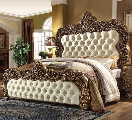 Grand European Baroque Master Bed Set – Heavy Rolled Antique Gold Carved Framework with Rich Tufted Silk Brocade