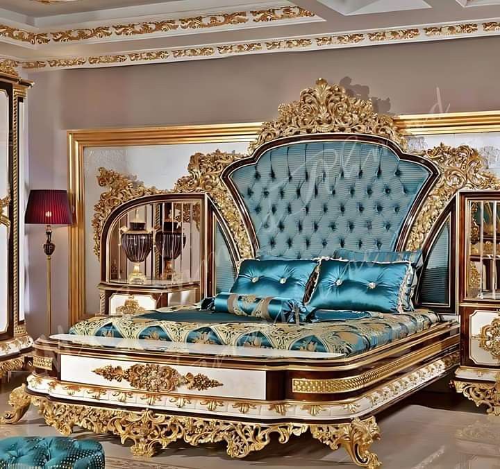 Italian-Style Royal Gold Leaf Bed Set | Premium Turquoise Velvet Tufted Maharaja Bridal Bedroom Furniture