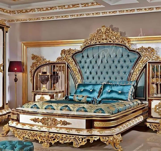 Italian-Style Royal Gold Leaf Bed Set | Premium Turquoise Velvet Tufted Maharaja Bridal Bedroom Furniture