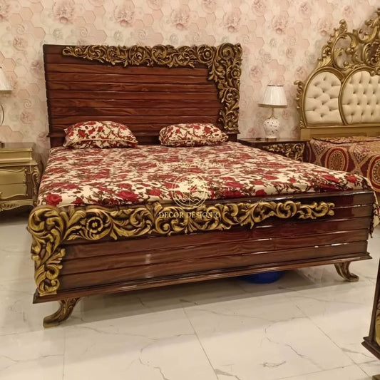 Premium Chinioti Maharaja Alaskan Bed Set – Extreme Hand-Carved Antique Gold Base with Royal Red Tufted Velvet