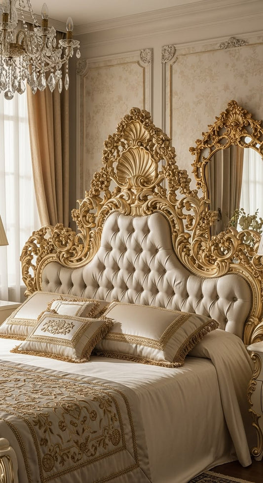Imperial Palace Gold Master Bed Set – Super-High Arched Baroque Crown with Deep Diamond Tufted Cream Velvet Cushioning
