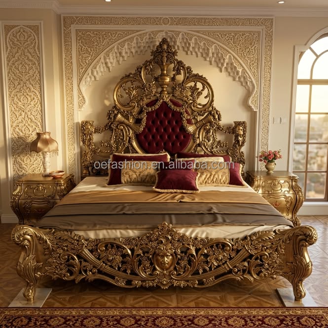 Royal Palace Style Heavy Carved Bed Set – Premium Antique Gold Finish Luxury Tufted Velvet Bridal Furniture