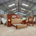 Classic Solid Wood Bridal Bed Set | Premium Golden Tufted Leatherette &amp; Rich Mahogany Polish Bedroom Furniture